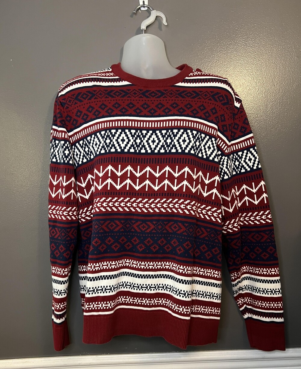 American Rag Cie Sweater Mens Extra Large Red Navy Fair Isle Crewneck Pullover